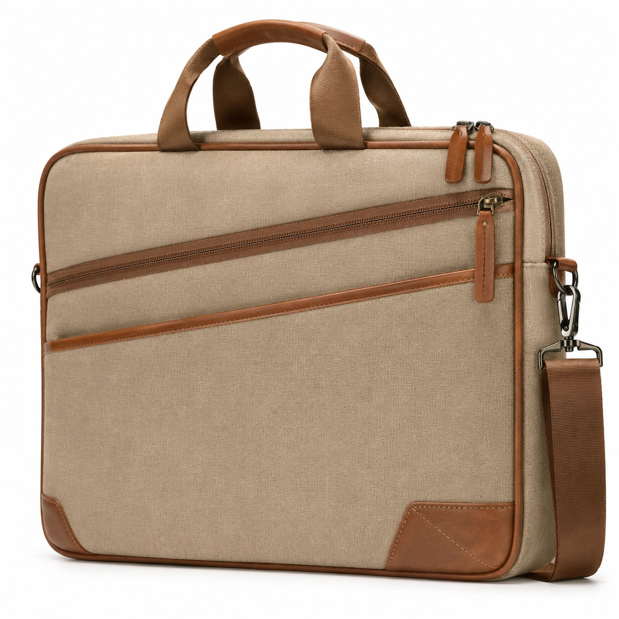 Beige Laptoptasche mit braunen Details und Schulterriemen