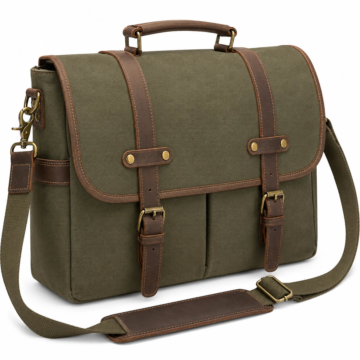 Khaki Laptoptasche Messenger Bag 15 Zoll mit Lederakzenten