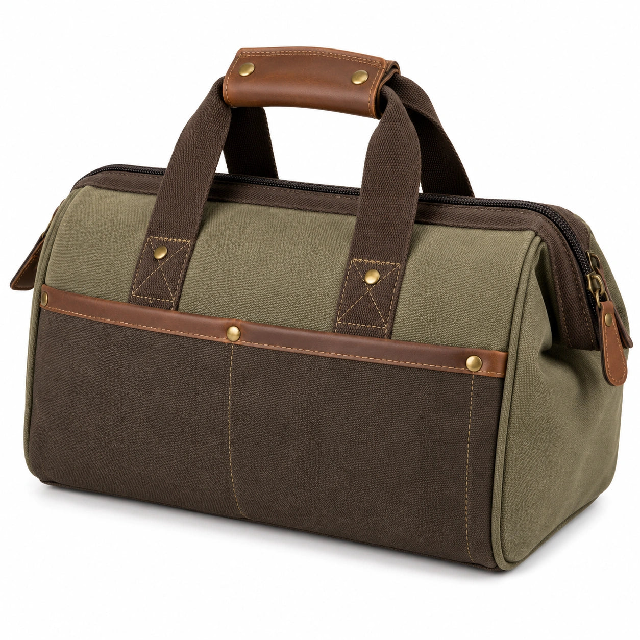 Robuste Werkzeugtasche aus Canvas in Braun und Oliv