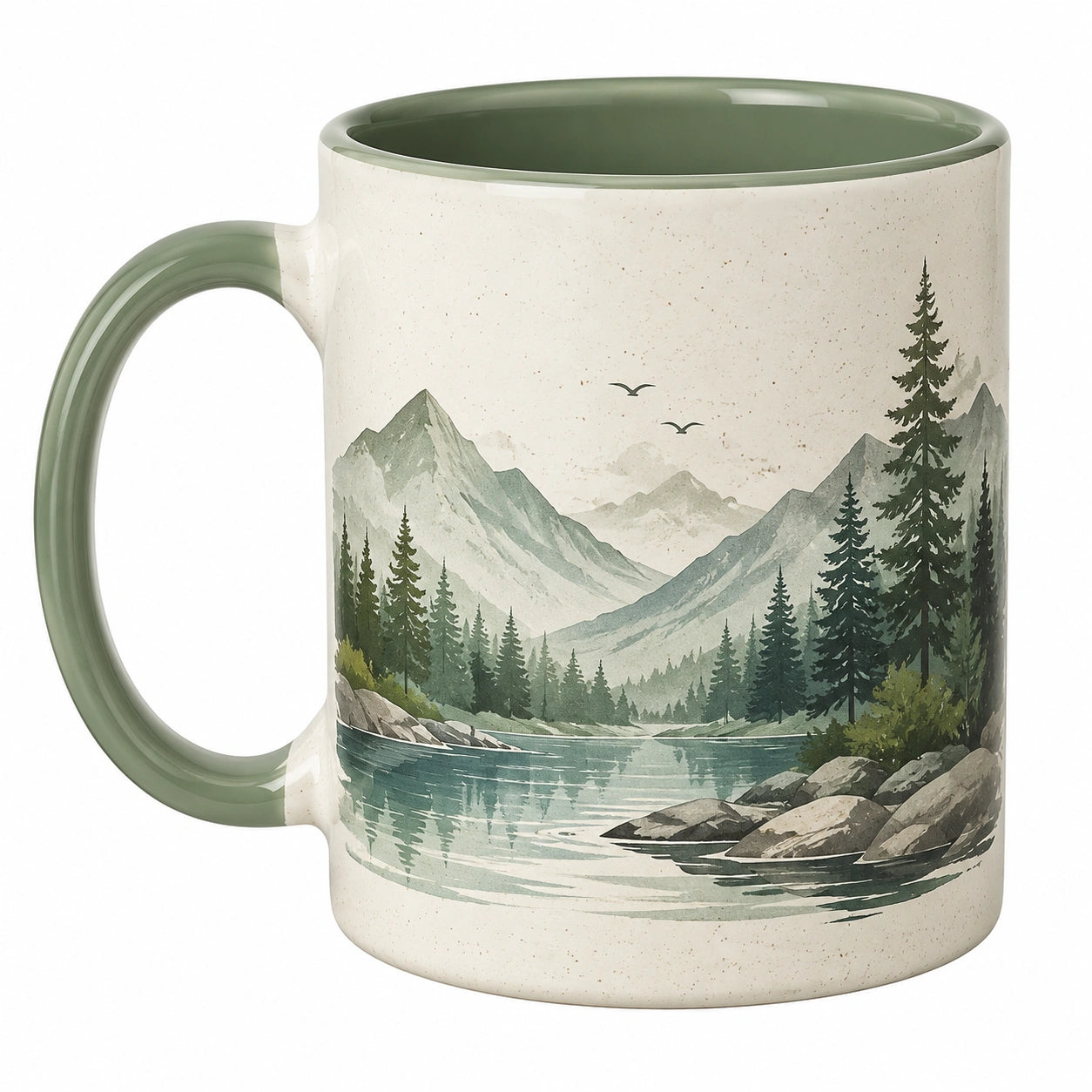 Keramikbecher mit Landschaftsmotiv, 380 ml, Grün/Creme
