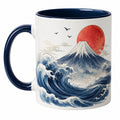 Keramik Kaffeetasse mit Kunstvollem Design – Wellen und Berglandschaft, Blau Weiß Rot