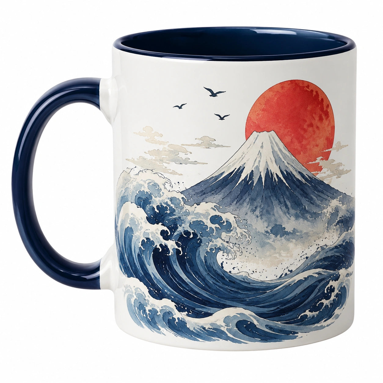 Keramik Kaffeetasse mit Kunstvollem Design – Wellen und Berglandschaft, Blau Weiß Rot