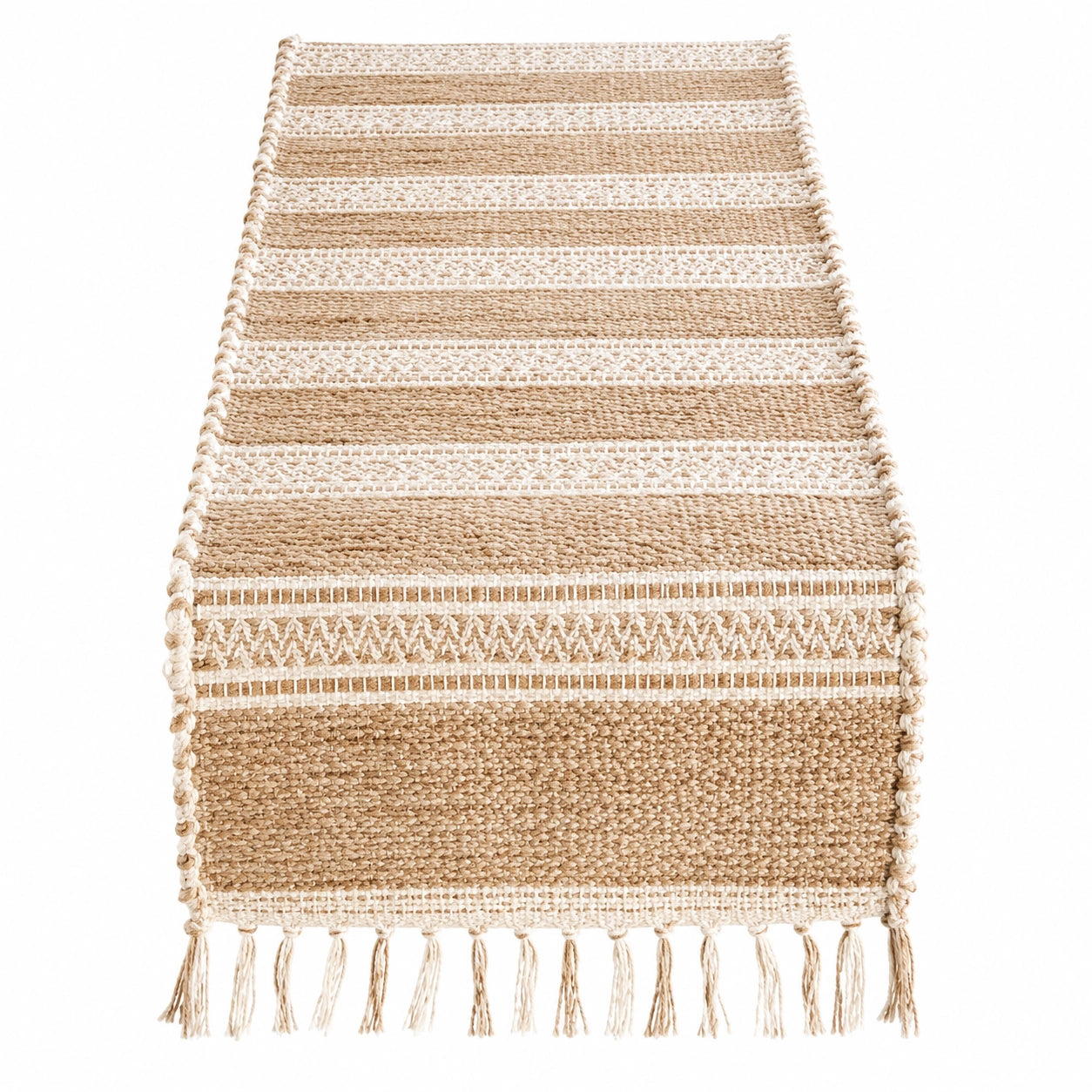 Handgewebter Jute-Tischläufer Beige Weiß mit Fransen 180x40cm