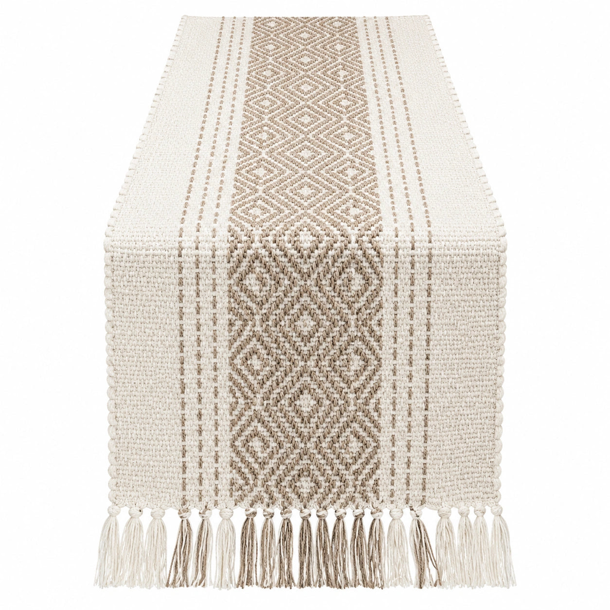 Tischläufer mit geometrischem Muster und Fransen in Beige und Weiß