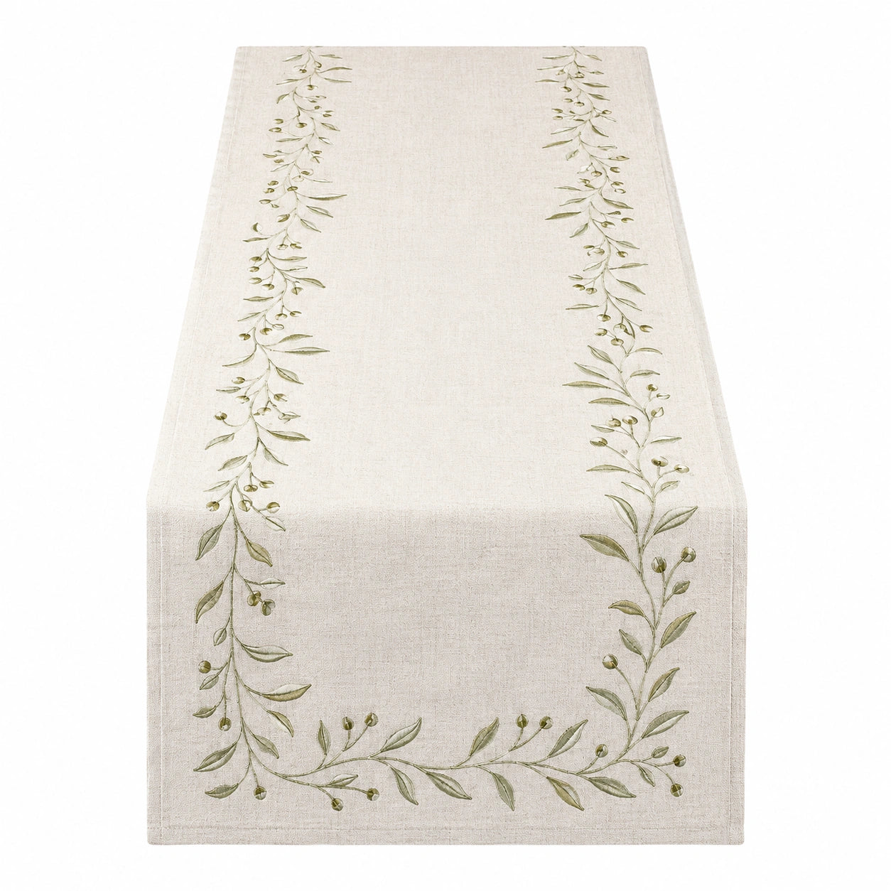 Tischläufer mit Olivenzweig-Stickerei in Beige und Grün, 180x40cm
