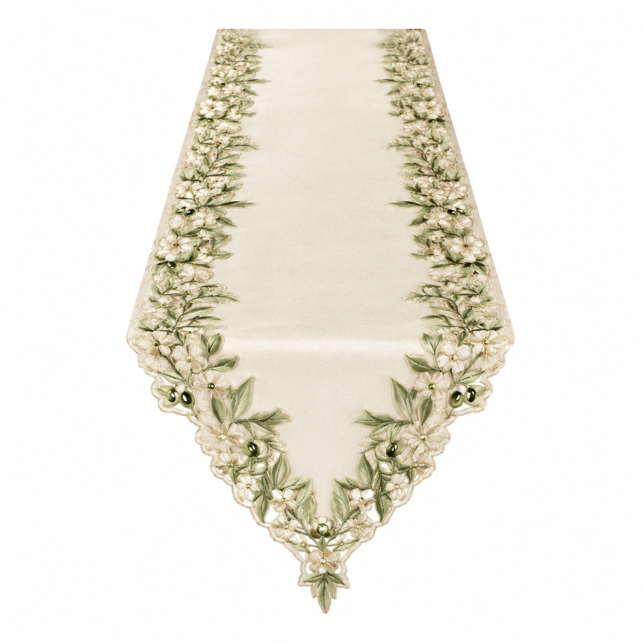 Eleganter Tischläufer mit Blumenstickerei in Beige und Grün
