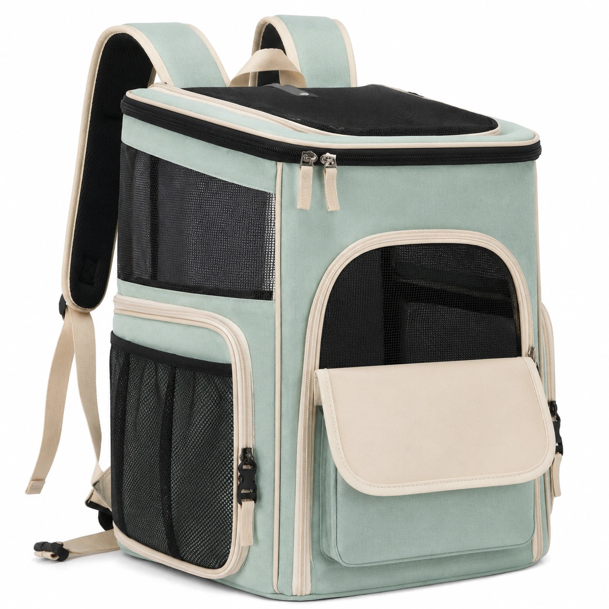 Faltbarer Haustier-Rucksack Mint/Beige mit Netz und Reißverschluss