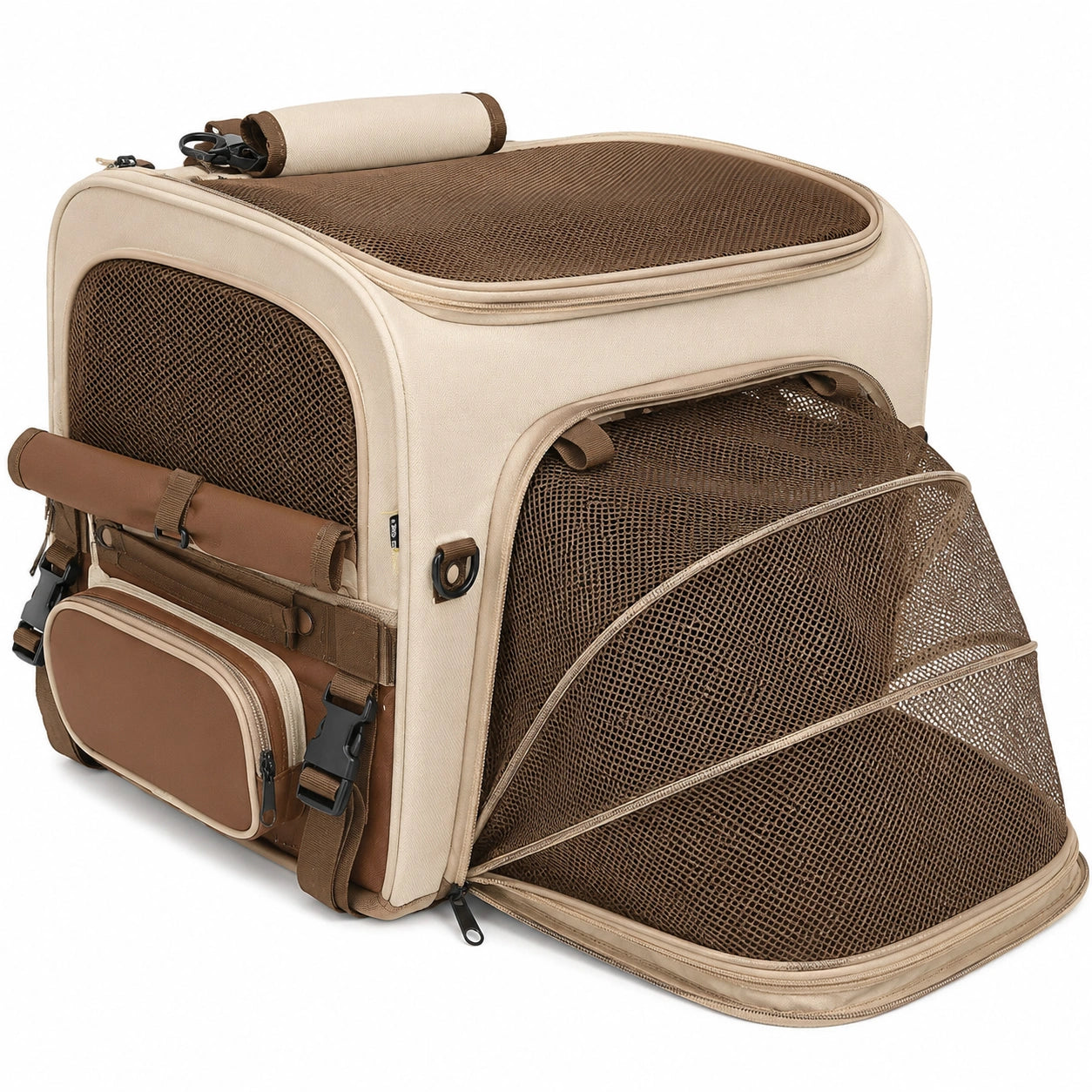 Faltbare atmungsaktive Haustiertasche Beige/Braun mit Seitentaschen