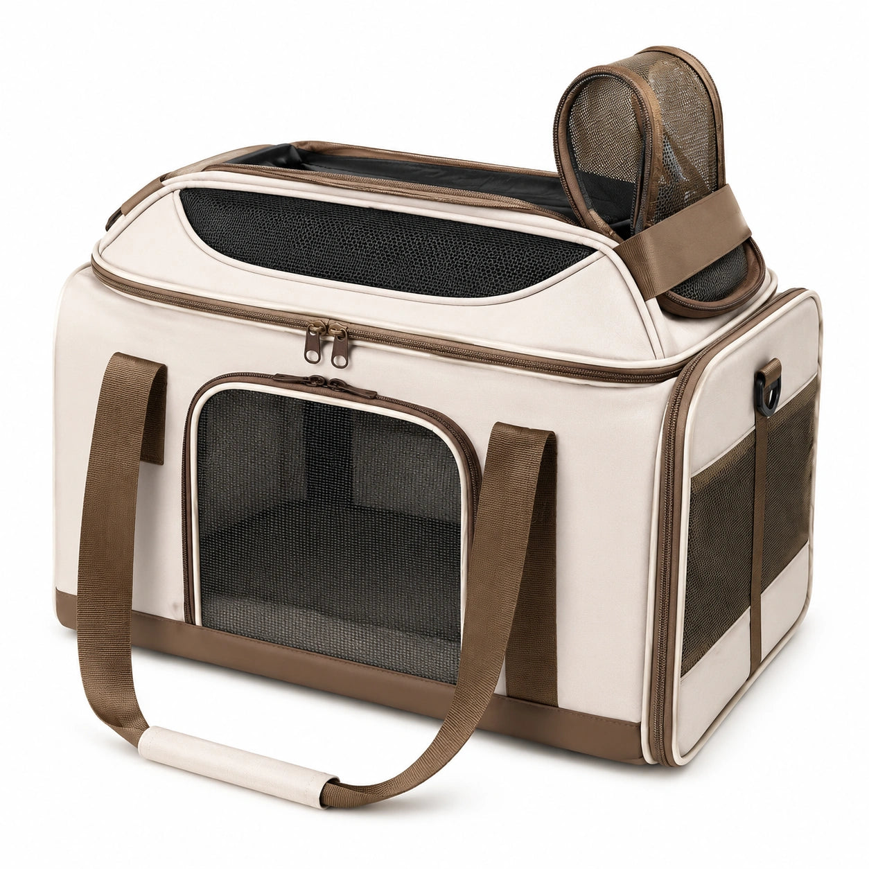 Tragbare Haustiertasche mit Netzbelüftung, Beige/Braun, 45x30x35cm